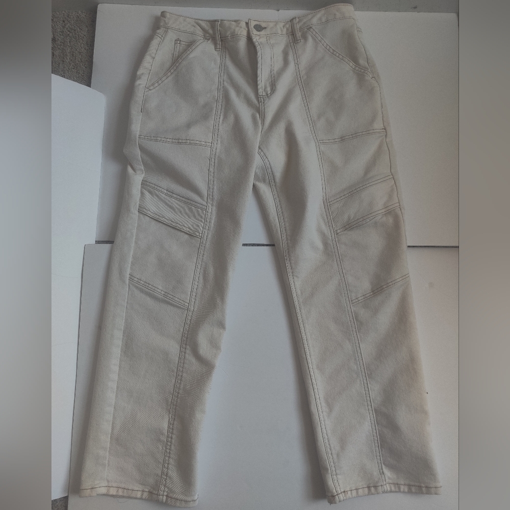 Indigo Rein Women's Off White Cream Cotton-blend Denim Cargo Pants_13